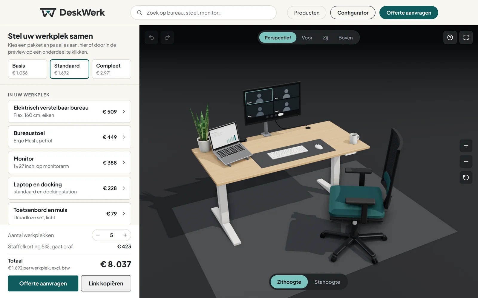 De 3D-configurator van DeskWerk, met links de gekozen onderdelen en de prijs, en rechts de werkplek in 3D