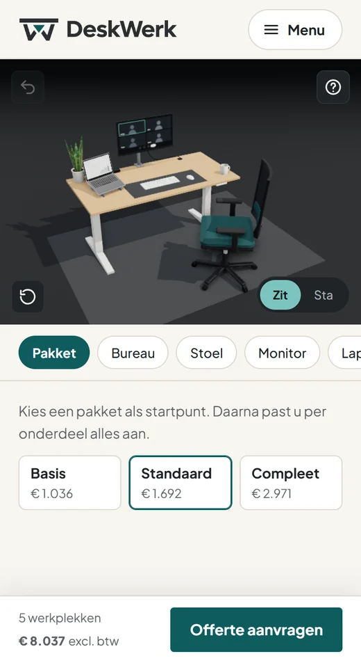 Dezelfde configurator op een telefoon, met de 3D-werkplek bovenaan